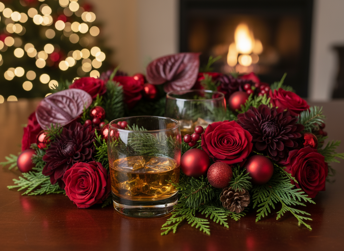 Decorative floral arrangement with red and purple flowers and glasses on a table, blurred lights and fireplace in the background.
