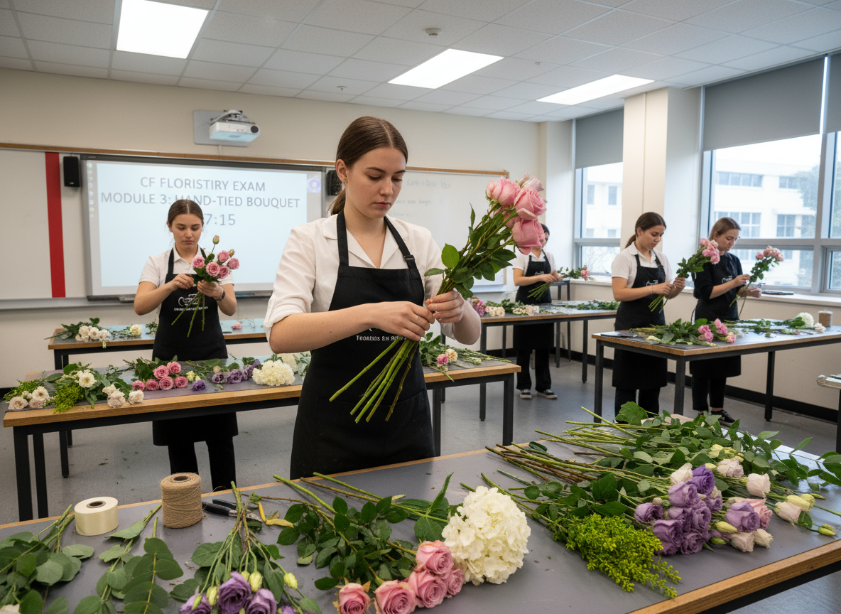 Floral design class in progress with students arranging flowers in a classroom setting.