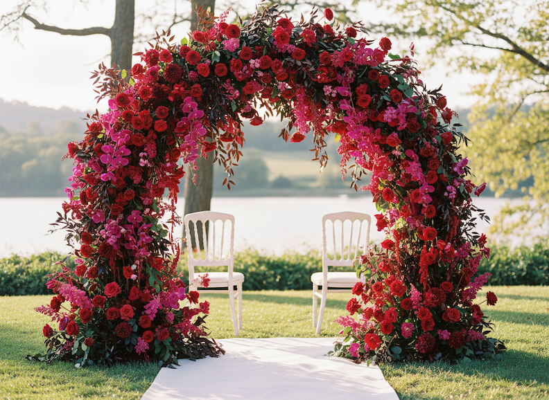 Floral archway with red and pink flowers in an outdoor setting with chairs and a lake in the background.