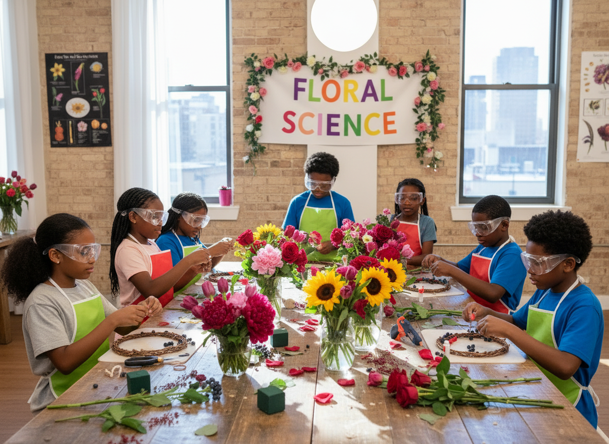 Children participating in a floral science workshop with colorful flowers and aprons.