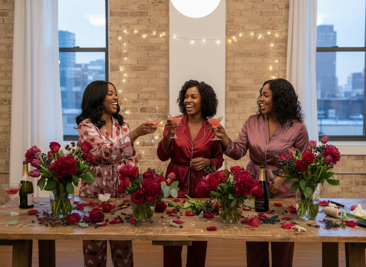 Three women in matching red and pink outfits standing around a table with flowers and drinks, smiling.