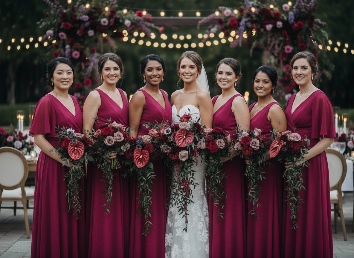 Bride with bridesmaids in burgundy dresses holding floral bouquets outdoors.