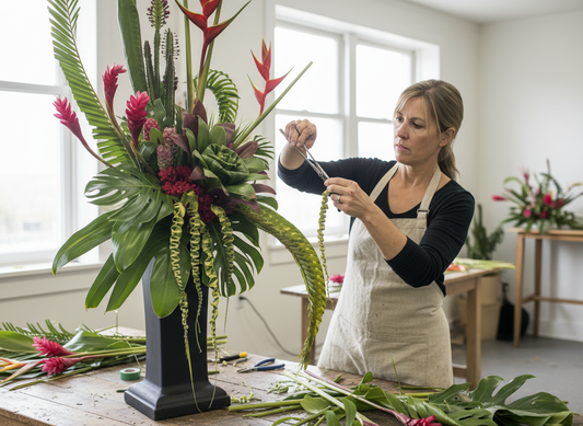 Woman arranging flowers in a studio setting