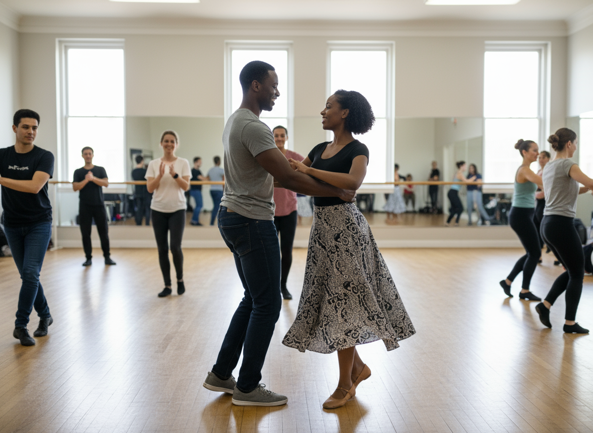 Dancers practicing in a studio with mirrors and windows.