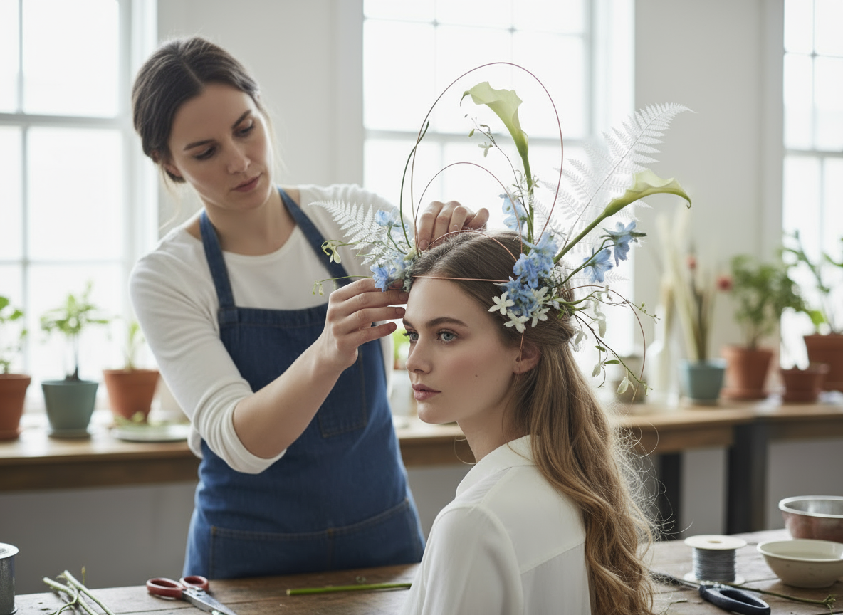 Woman getting a floral headpiece adjusted by another woman in a bright room with plants.