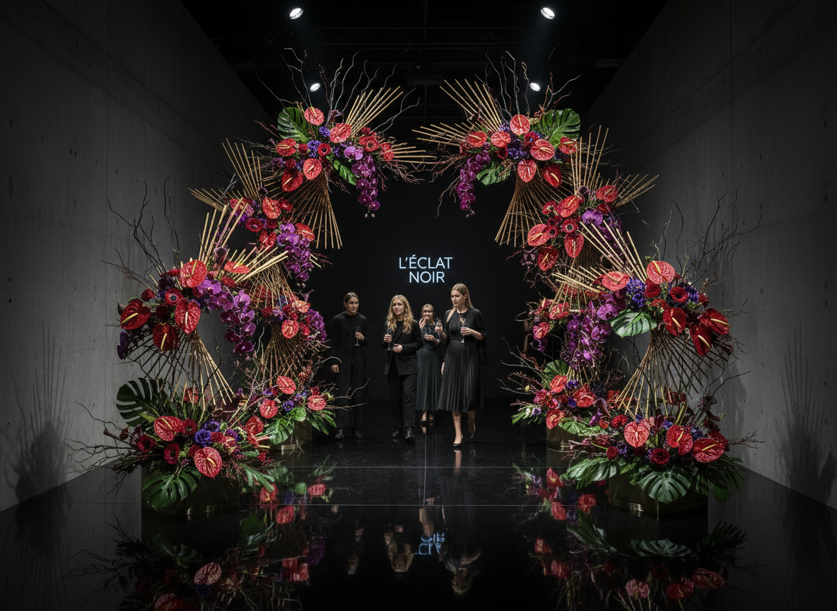 Floral archway with 'L'éclat Noir' branding at a fashion show.