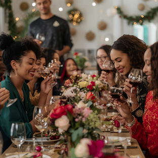Group of people enjoying a festive meal with wine glasses and floral decorations.