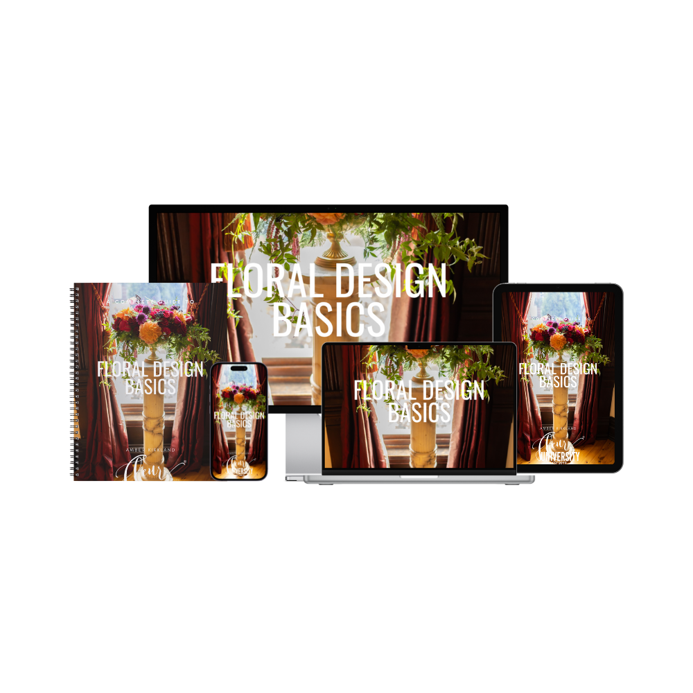 Floral Design Basics book and digital courses displayed on screens and a laptop.