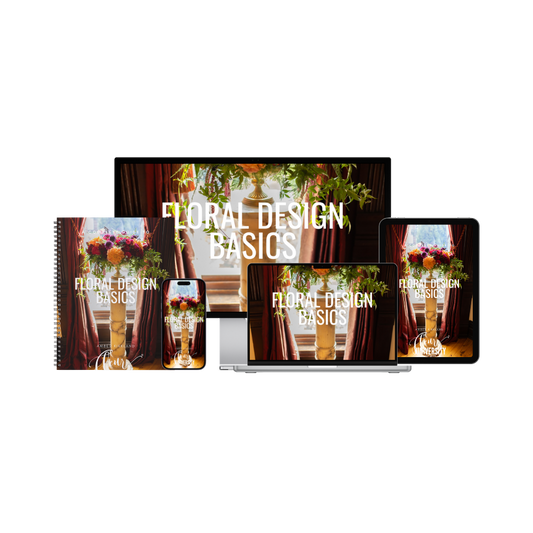 Floral Design Basics book and digital courses displayed on screens and a laptop.