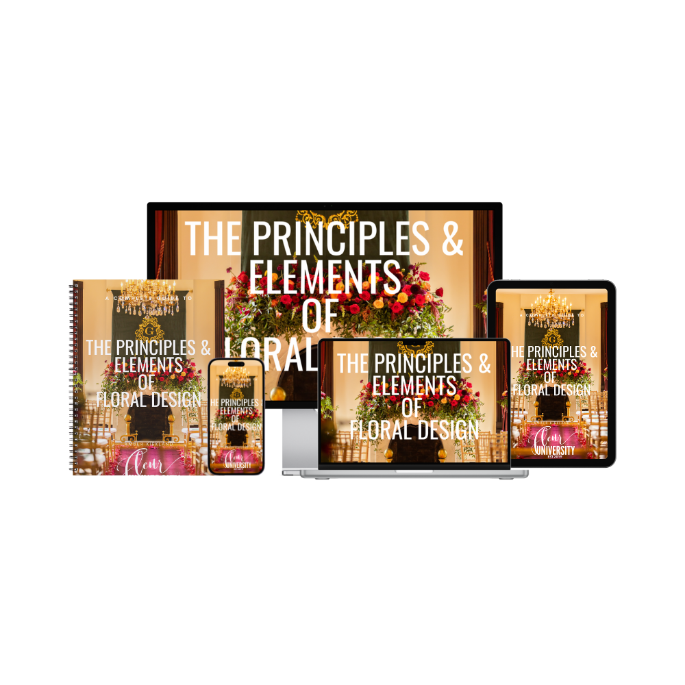 Digital courses on 'The Principles & Elements of Floral Design' displayed on various devices.