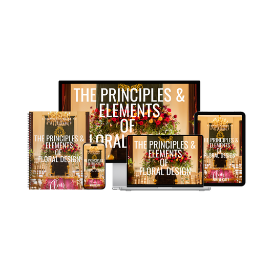 Digital courses on 'The Principles & Elements of Floral Design' displayed on various devices.