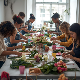 Group of people sitting around a table with floral arrangements and colorful plates.