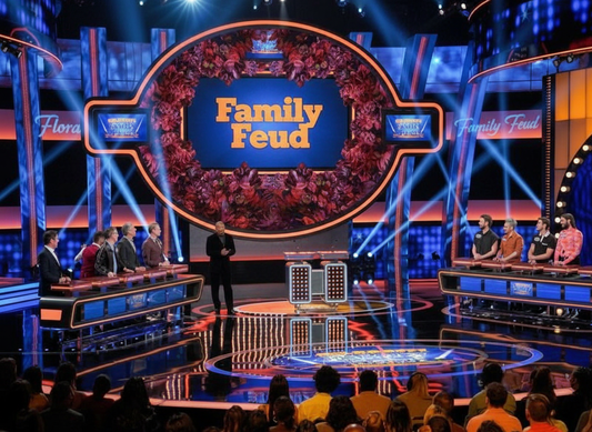 Family Feud game show stage with contestants and host