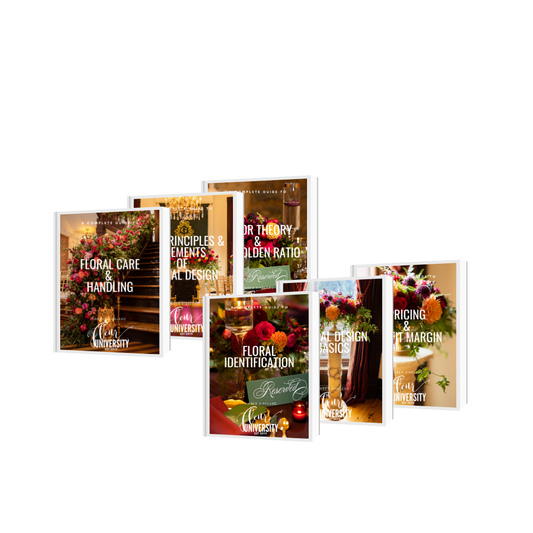 Collection of floral design books on a white background