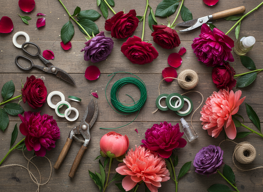 Floral arrangement tools and materials on a wooden surface