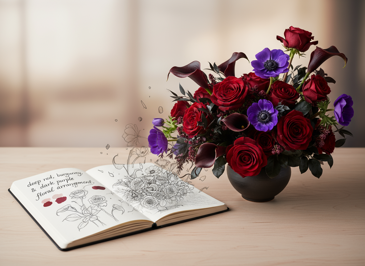 Colorful flower arrangement in a vase next to an open book with floral designs on a wooden surface.