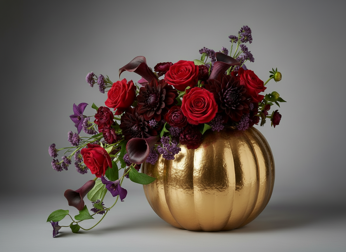 Gold pumpkin-shaped vase with red and purple flowers on a gray background