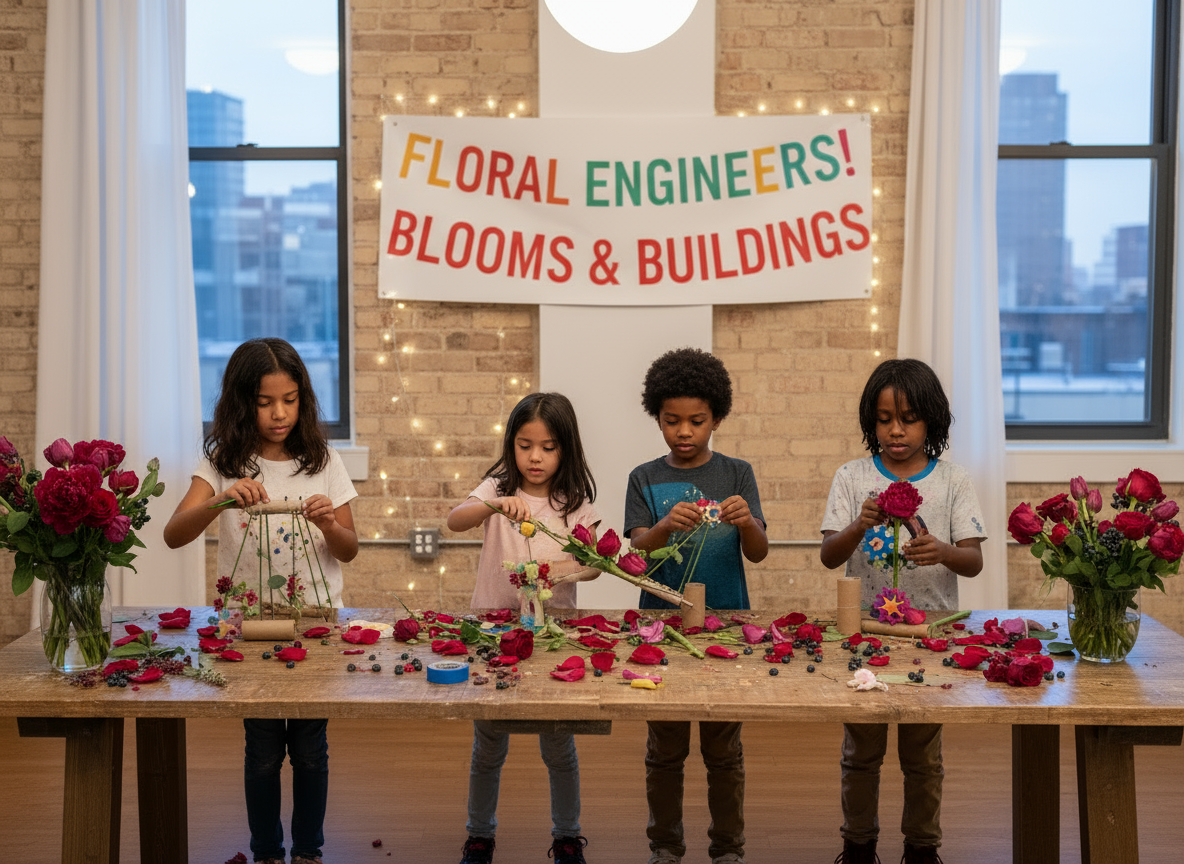 Children engaged in a floral arts and crafts activity with a 'Floral Engineers! Blooms & Buildings' sign in the background.