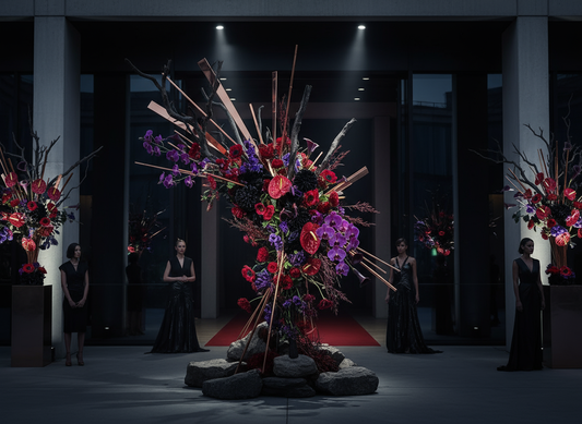 Large floral arrangement in a dark room with people in formal attire.