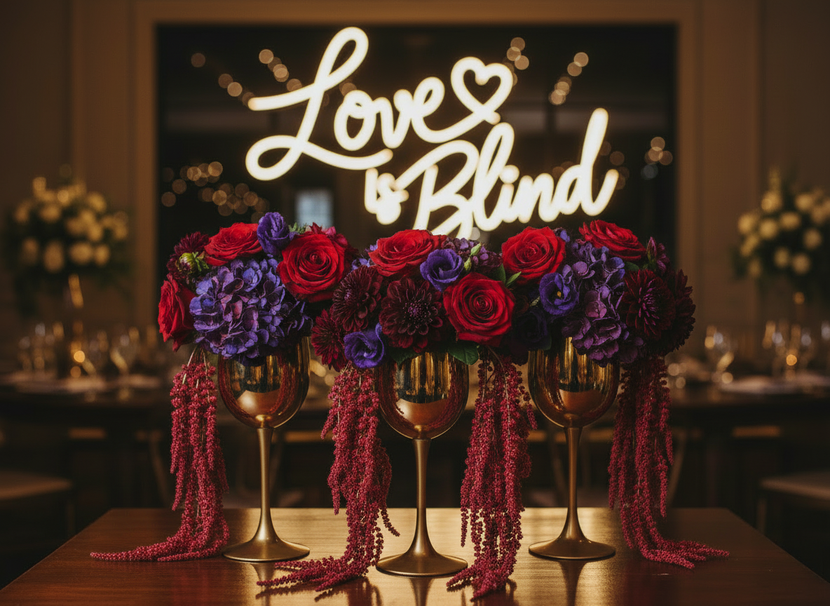 Decorative setup with flowers and 'Love is Blind' neon sign in a dimly lit room.