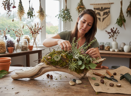 Woman arranging plants on a wooden surface in a home setting
