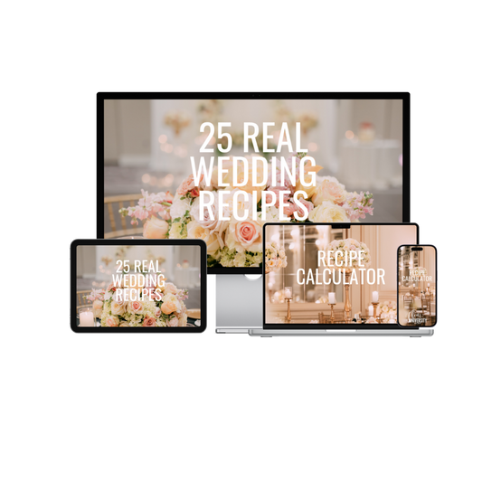 Promotional graphic for '25 Real Wedding Recipes' with digital devices displaying the text.