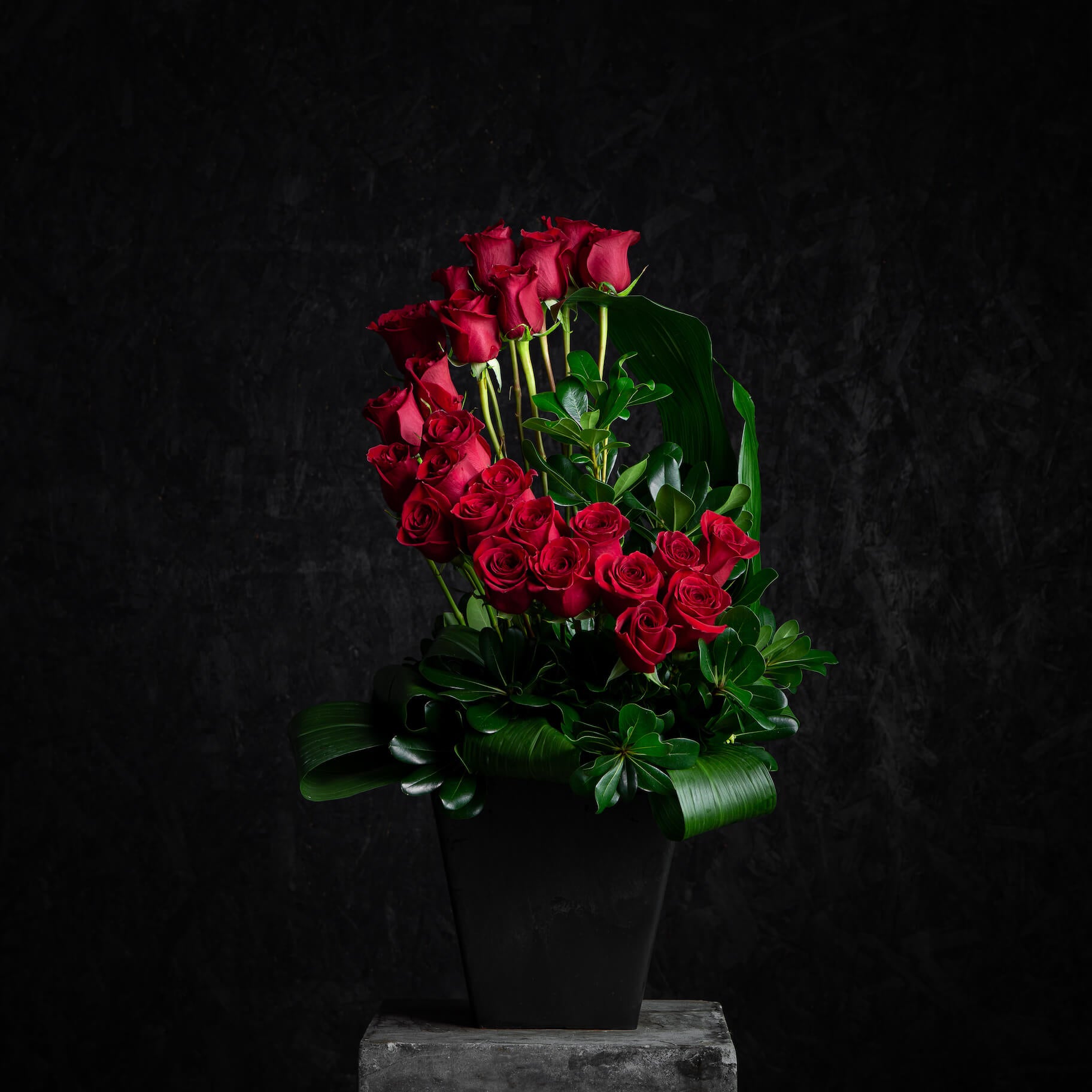 Bouquet of red roses in a black pot on a dark background