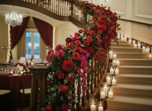 Decorative staircase with red flowers and candles in a formal setting