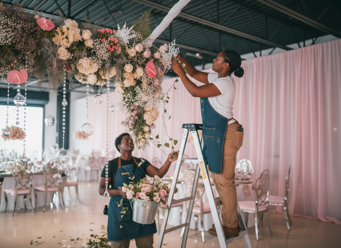Two women working on floral arrangements in a decorated event space.