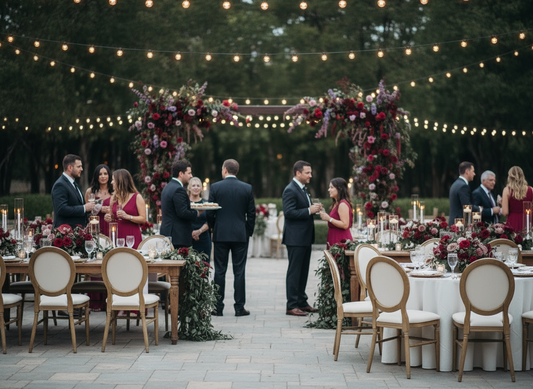 Outdoor evening event with guests at tables under string lights and floral decorations.