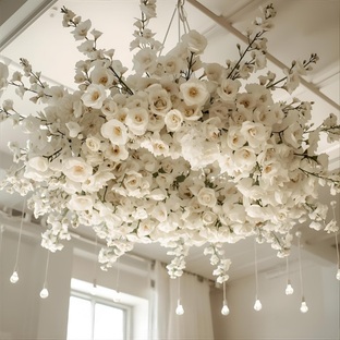 Chandelier made of white flowers hanging in a room with natural light.