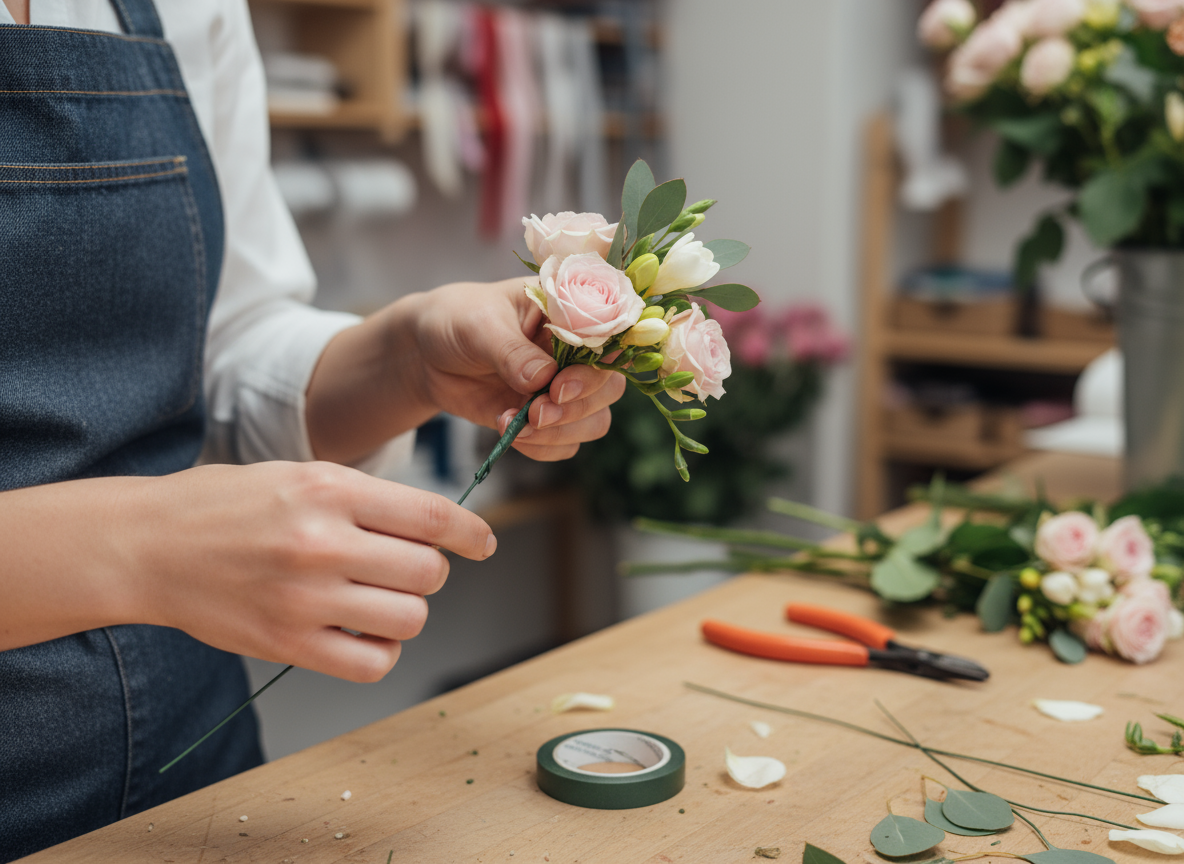Person arranging flowers on a wooden table with tools in a workshop setting