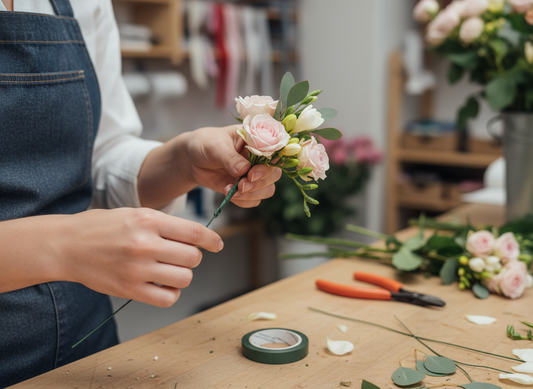 Person arranging flowers on a wooden table with tools in a workshop setting